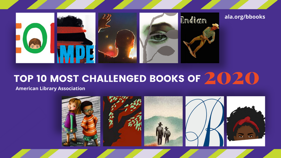 Partial book covers of the top 10 most challenged books of 2020 from Banned Books Week