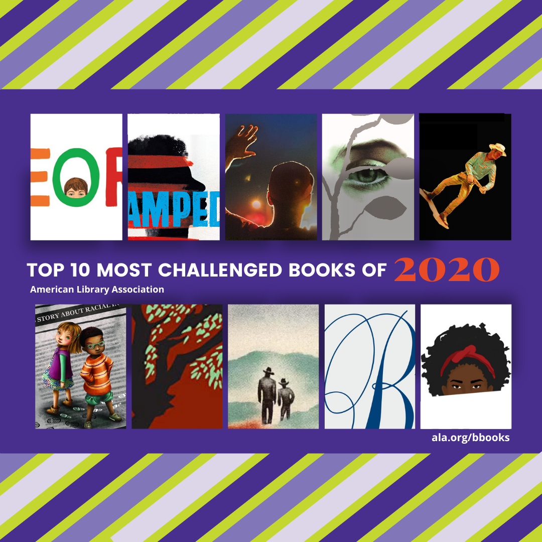 Partial book covers of the top 10 most challenged books of 2020 from Banned Books Week