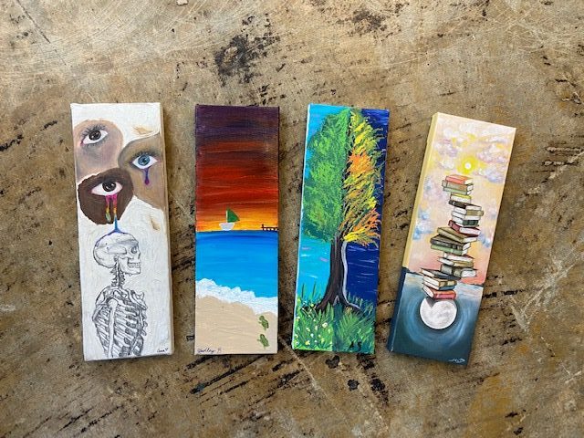 2021 Art contest winners (l to r) “Untitled" by Anna Stohner, “Key West Sunset" by Hadley Bardoni, “Inevitable Change” by Amanda Stover, and “Balance” by Meriam Mikhail