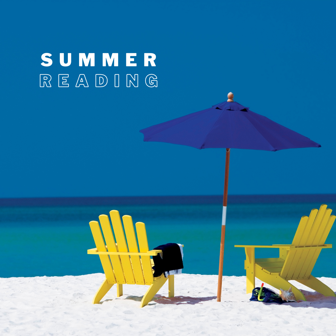 Graphic features the text, "Summer Reading," and shows Adirondack chairs and a beach umbrella.