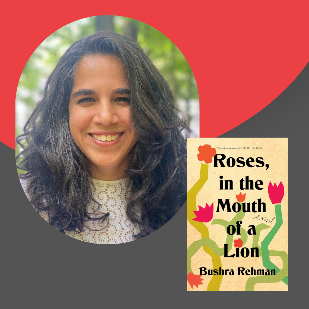 Bushra Rehman with her book, Roses, in the Mouth of a Lion