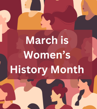Background is various stylized faces of women with the text overlaid, "March is Women's History Month"