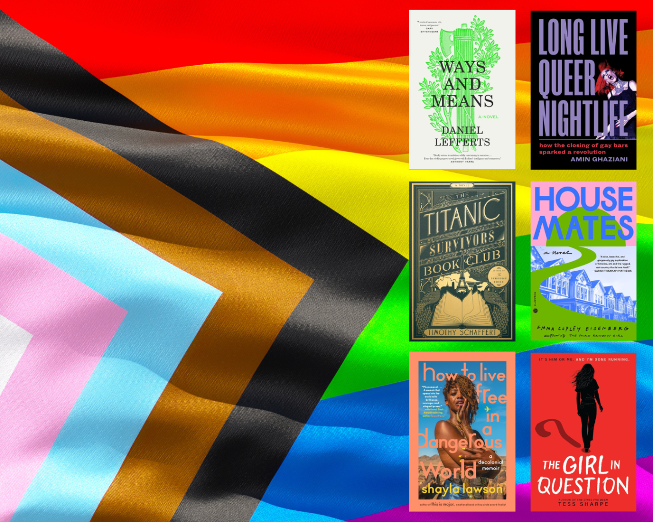 Six books, as described in the text, overlaid on a Progress Pride flag.