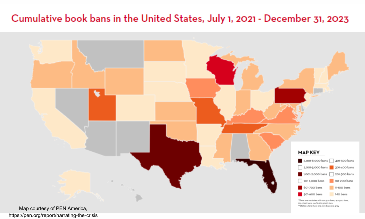 Map graphic: Cumulative book bans in the United Sates, July 1, 2021 - December 31, 2023. Map courtesy of PEN America, https://pen.org/report/narrating-the-crisis