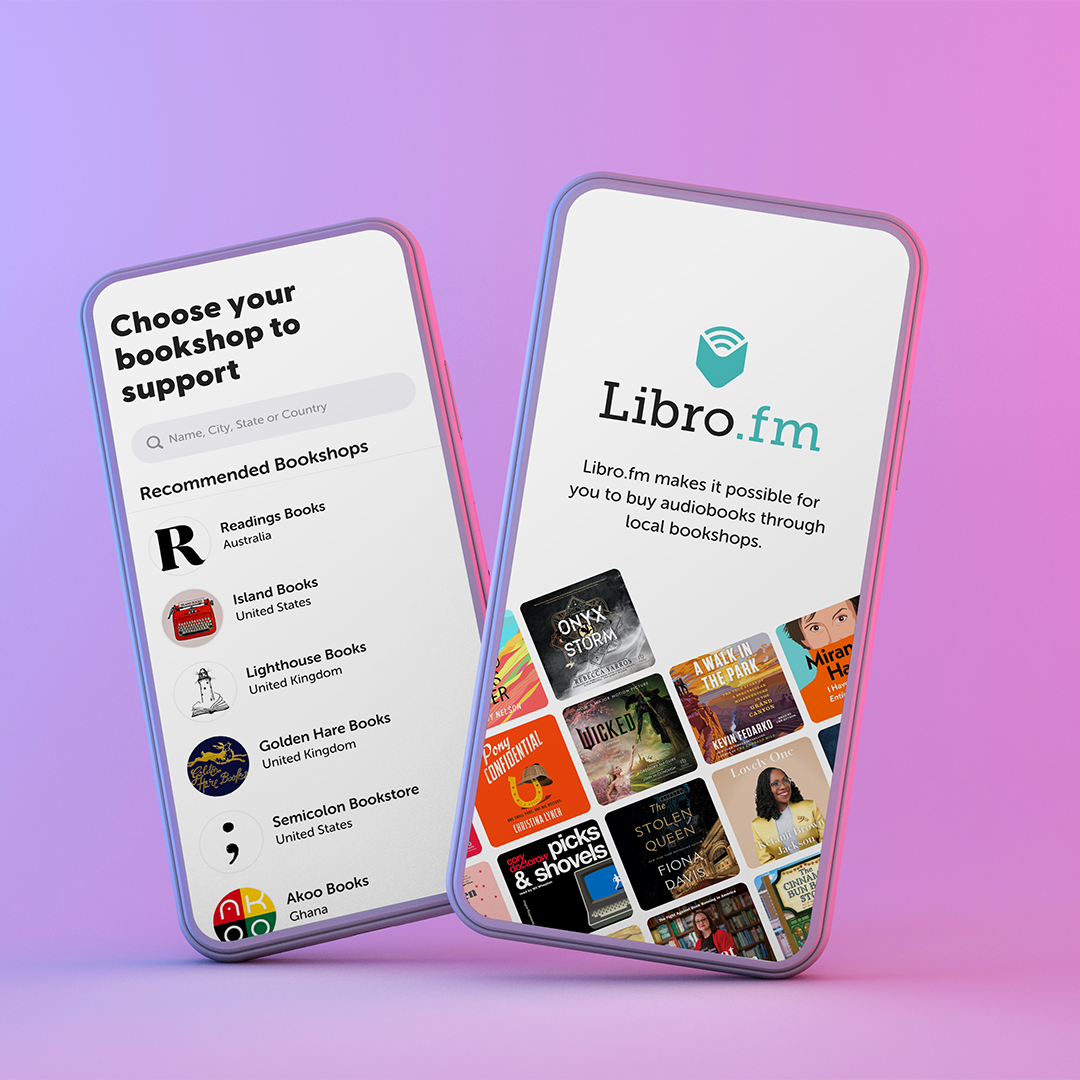 Two cellphone screens showing images from Libro.fm: a collage of audiobooks and the Libro.fm logo, and a screen showing a list of bookstores
